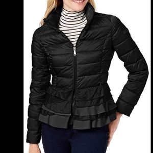 Tahari Zoey ruffle puffer coat, Size PP (0-2), Black